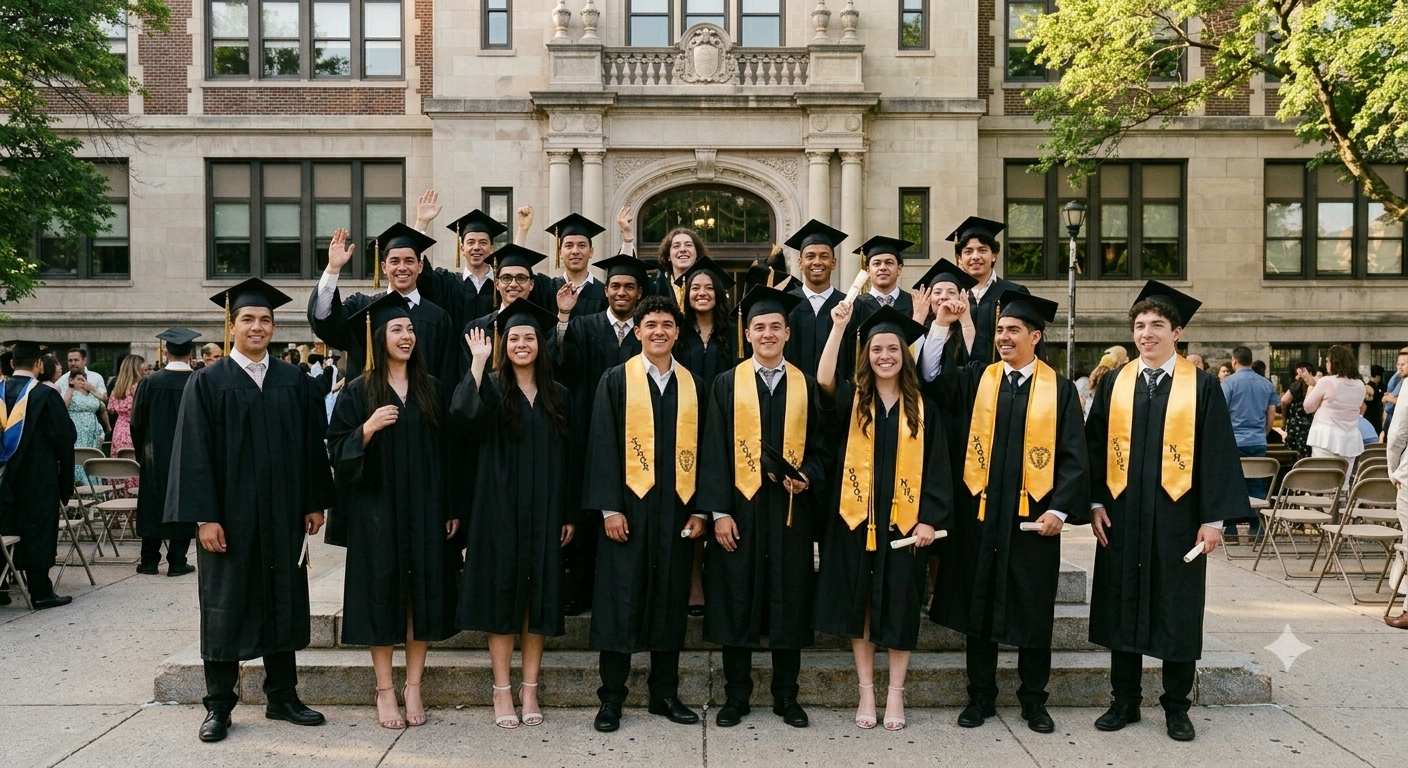 Estudiantes graduandos celebrando con sus familias